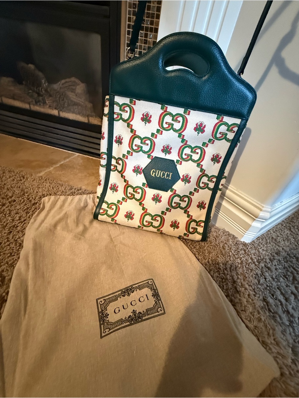 Gucci Green Trim GG Floral Canvas Crossbody Bag